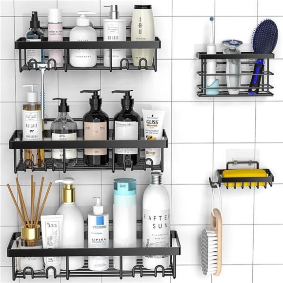 5 Pack Shower Caddy Shelf Organizers Rack, Self Adhesive Black Bathroom Storage - Picture 2 of 8